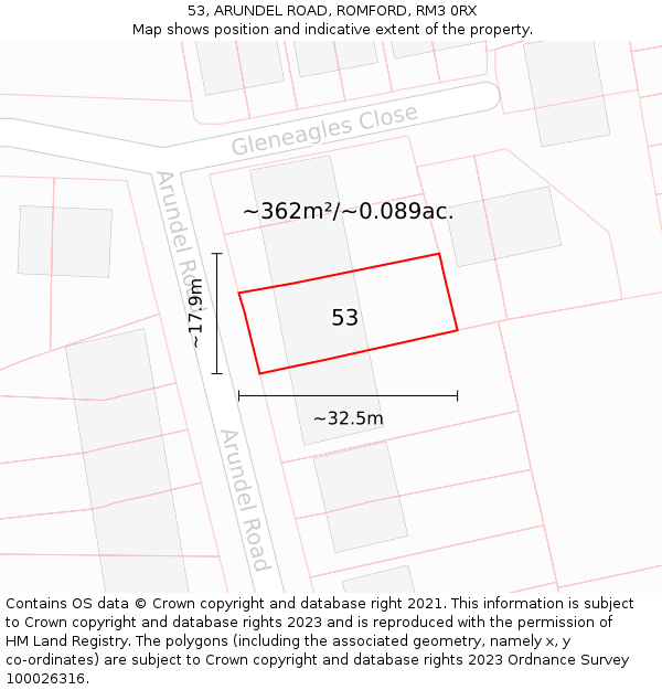 53, ARUNDEL ROAD, ROMFORD, RM3 0RX: Plot and title map
