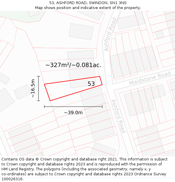 53, ASHFORD ROAD, SWINDON, SN1 3NS: Plot and title map