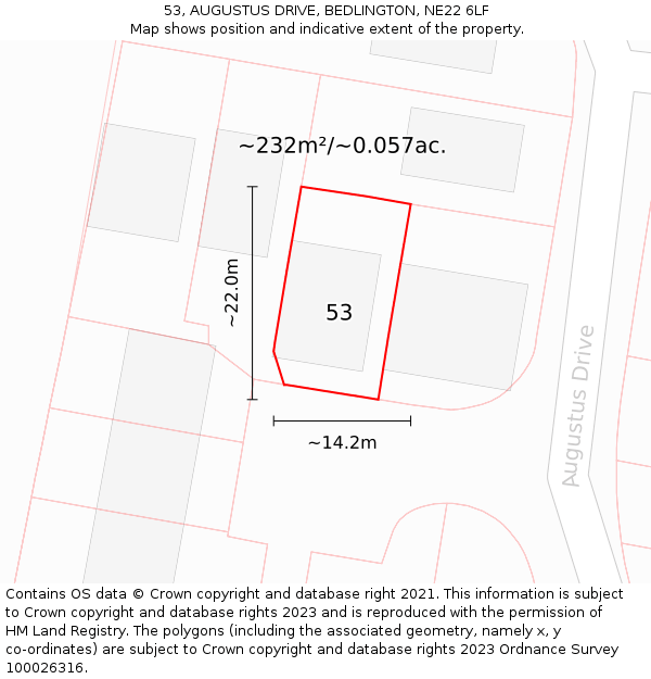 53, AUGUSTUS DRIVE, BEDLINGTON, NE22 6LF: Plot and title map