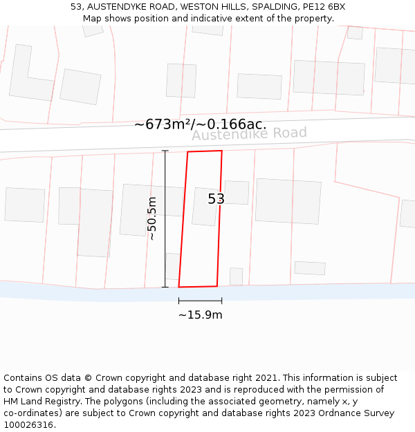 53, AUSTENDYKE ROAD, WESTON HILLS, SPALDING, PE12 6BX: Plot and title map