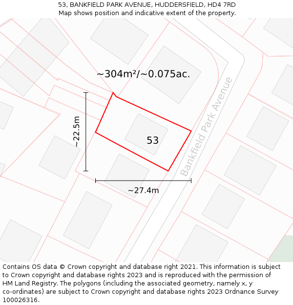 53, BANKFIELD PARK AVENUE, HUDDERSFIELD, HD4 7RD: Plot and title map