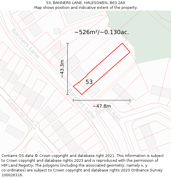 53, BANNERS LANE, HALESOWEN, B63 2AX: Plot and title map