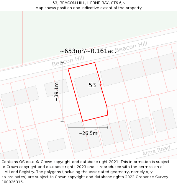 53, BEACON HILL, HERNE BAY, CT6 6JN: Plot and title map