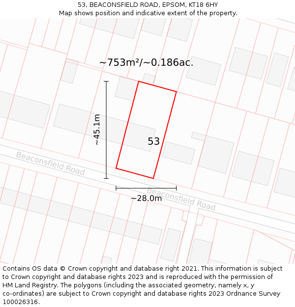 53, BEACONSFIELD ROAD, EPSOM, KT18 6HY: Plot and title map