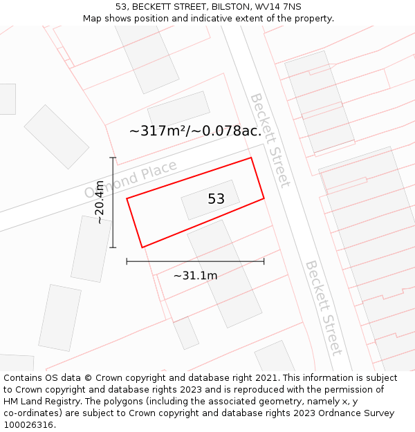 53, BECKETT STREET, BILSTON, WV14 7NS: Plot and title map