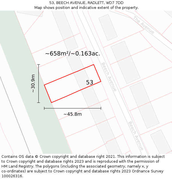 53, BEECH AVENUE, RADLETT, WD7 7DD: Plot and title map