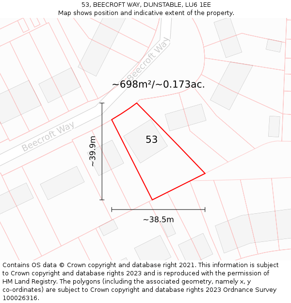 53, BEECROFT WAY, DUNSTABLE, LU6 1EE: Plot and title map