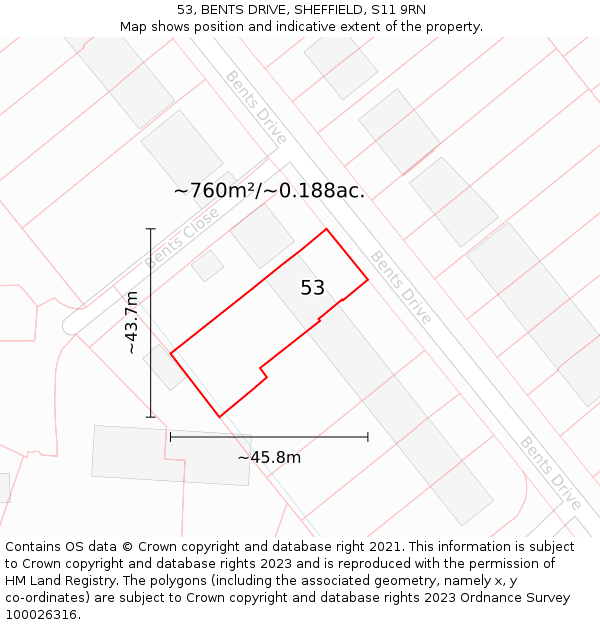 53, BENTS DRIVE, SHEFFIELD, S11 9RN: Plot and title map