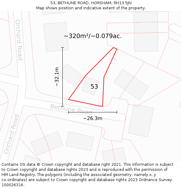 53, BETHUNE ROAD, HORSHAM, RH13 5JN: Plot and title map