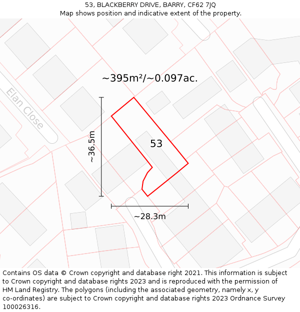 53, BLACKBERRY DRIVE, BARRY, CF62 7JQ: Plot and title map