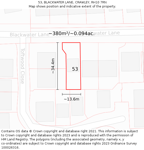 53, BLACKWATER LANE, CRAWLEY, RH10 7RN: Plot and title map