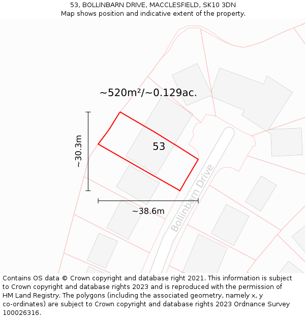 53, BOLLINBARN DRIVE, MACCLESFIELD, SK10 3DN: Plot and title map