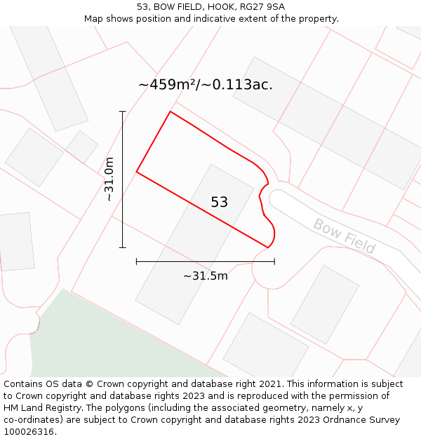 53, BOW FIELD, HOOK, RG27 9SA: Plot and title map