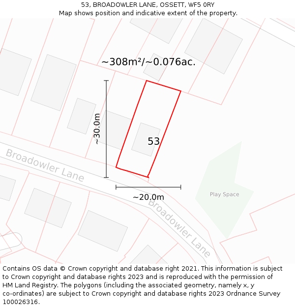 53, BROADOWLER LANE, OSSETT, WF5 0RY: Plot and title map