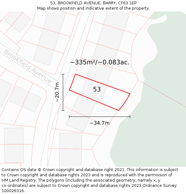 53, BROOKFIELD AVENUE, BARRY, CF63 1EP: Plot and title map