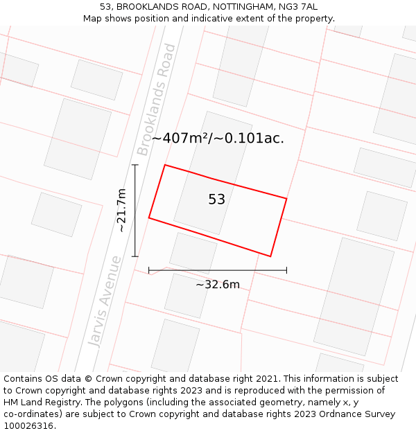 53, BROOKLANDS ROAD, NOTTINGHAM, NG3 7AL: Plot and title map