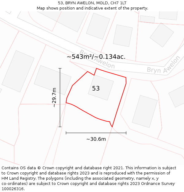 53, BRYN AWELON, MOLD, CH7 1LT: Plot and title map