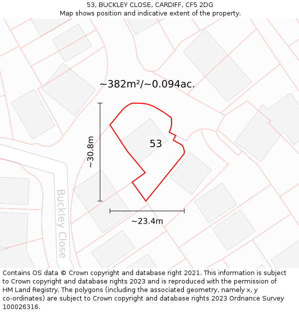 53, BUCKLEY CLOSE, CARDIFF, CF5 2DG: Plot and title map