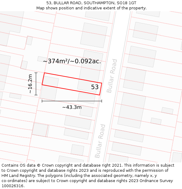 53, BULLAR ROAD, SOUTHAMPTON, SO18 1GT: Plot and title map