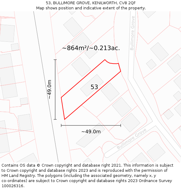 53, BULLIMORE GROVE, KENILWORTH, CV8 2QF: Plot and title map