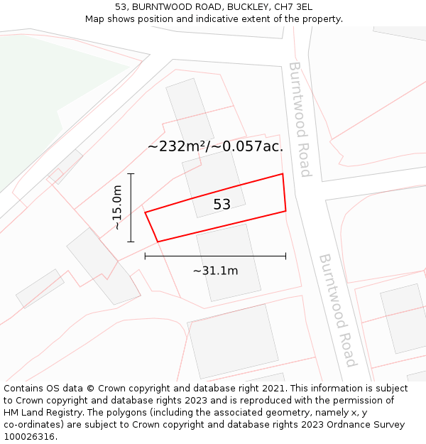 53, BURNTWOOD ROAD, BUCKLEY, CH7 3EL: Plot and title map