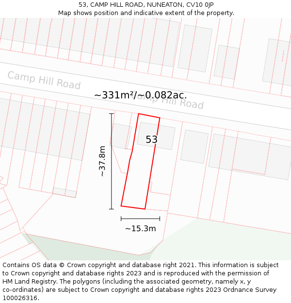 53, CAMP HILL ROAD, NUNEATON, CV10 0JP: Plot and title map