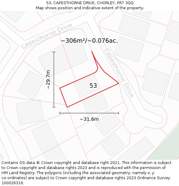 53, CAPESTHORNE DRIVE, CHORLEY, PR7 3QQ: Plot and title map