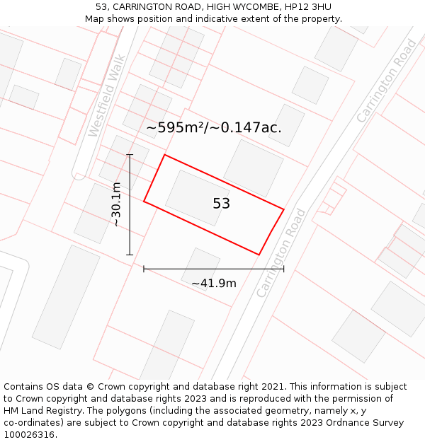 53, CARRINGTON ROAD, HIGH WYCOMBE, HP12 3HU: Plot and title map