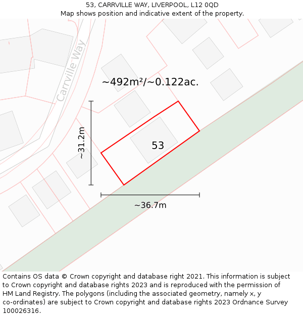 53, CARRVILLE WAY, LIVERPOOL, L12 0QD: Plot and title map