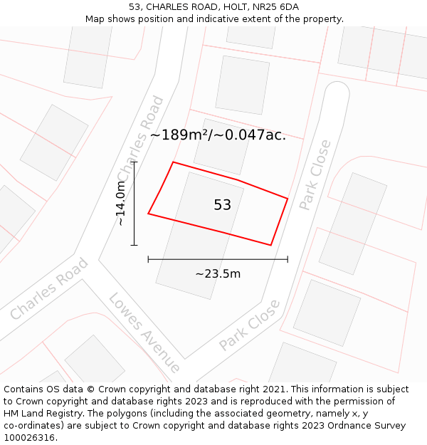 53, CHARLES ROAD, HOLT, NR25 6DA: Plot and title map