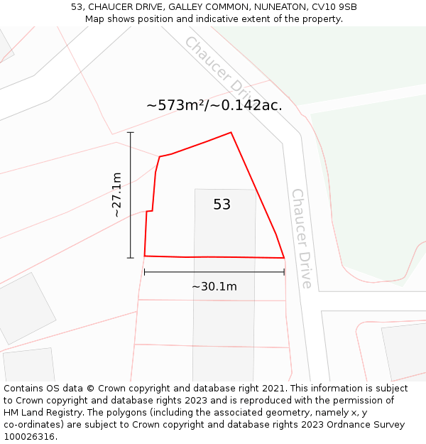 53, CHAUCER DRIVE, GALLEY COMMON, NUNEATON, CV10 9SB: Plot and title map