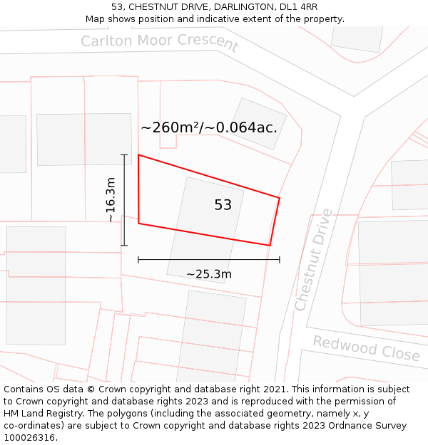 53, CHESTNUT DRIVE, DARLINGTON, DL1 4RR: Plot and title map