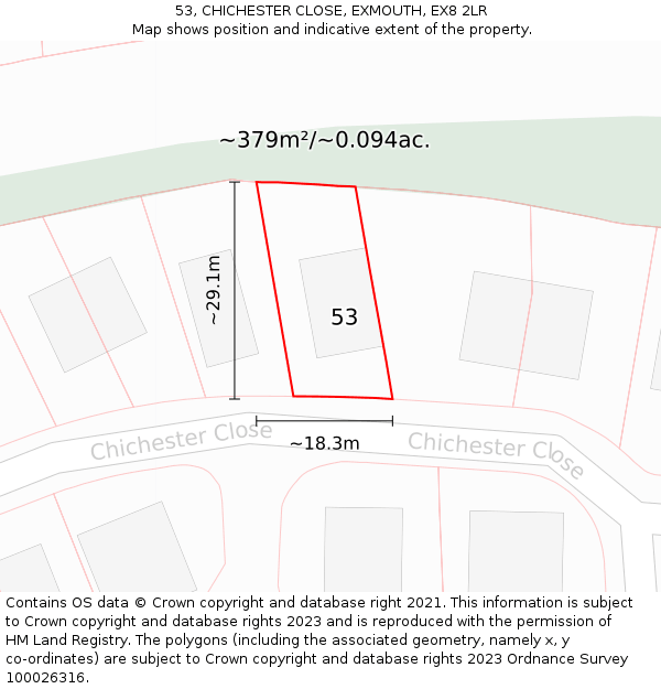 53, CHICHESTER CLOSE, EXMOUTH, EX8 2LR: Plot and title map