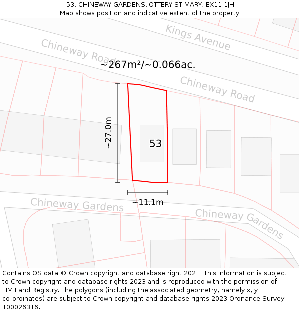 53, CHINEWAY GARDENS, OTTERY ST MARY, EX11 1JH: Plot and title map