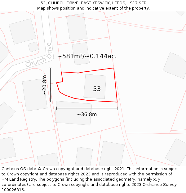 53, CHURCH DRIVE, EAST KESWICK, LEEDS, LS17 9EP: Plot and title map