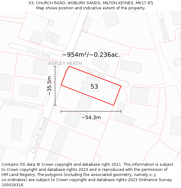 53, CHURCH ROAD, WOBURN SANDS, MILTON KEYNES, MK17 8TJ: Plot and title map