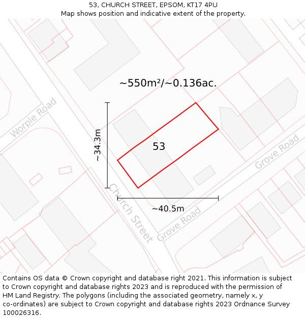 53, CHURCH STREET, EPSOM, KT17 4PU: Plot and title map