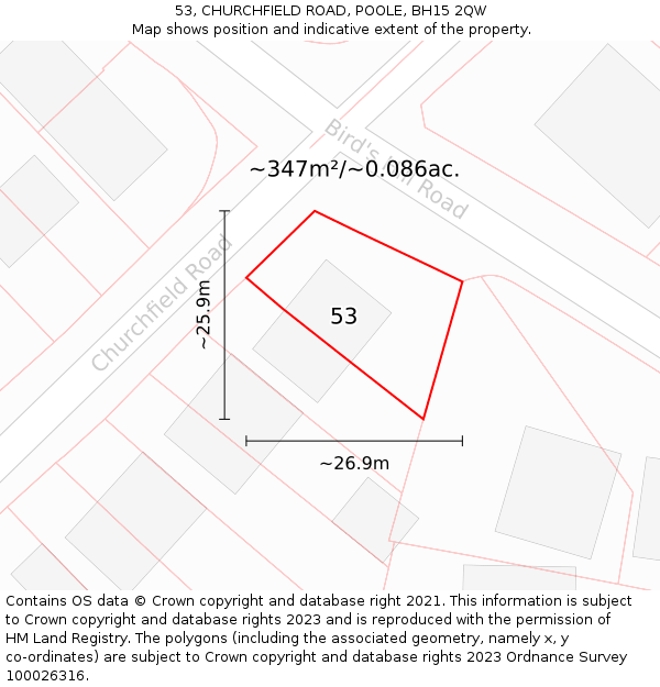 53, CHURCHFIELD ROAD, POOLE, BH15 2QW: Plot and title map