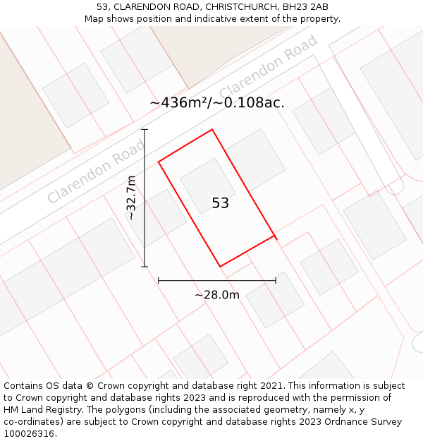 53, CLARENDON ROAD, CHRISTCHURCH, BH23 2AB: Plot and title map