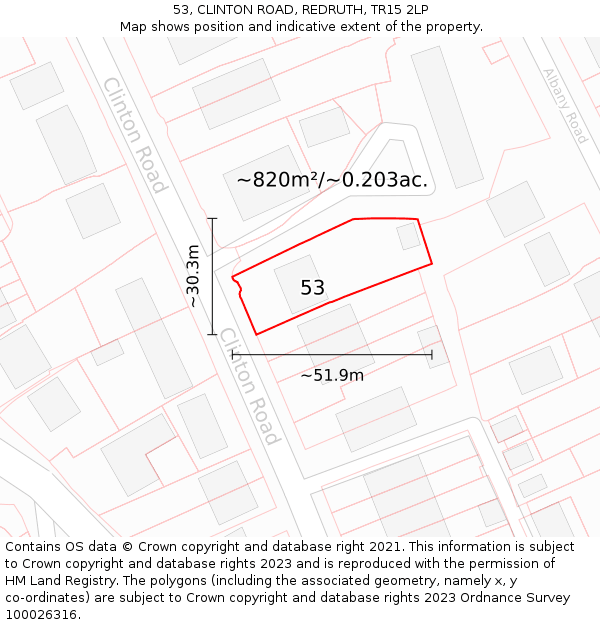 53, CLINTON ROAD, REDRUTH, TR15 2LP: Plot and title map