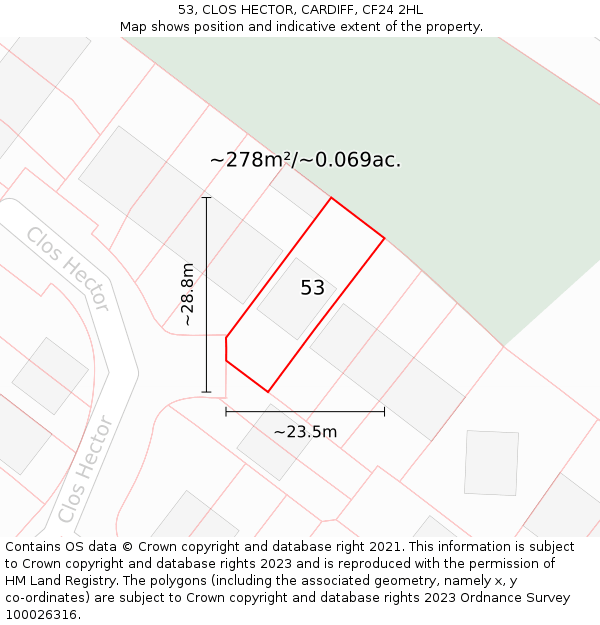 53, CLOS HECTOR, CARDIFF, CF24 2HL: Plot and title map