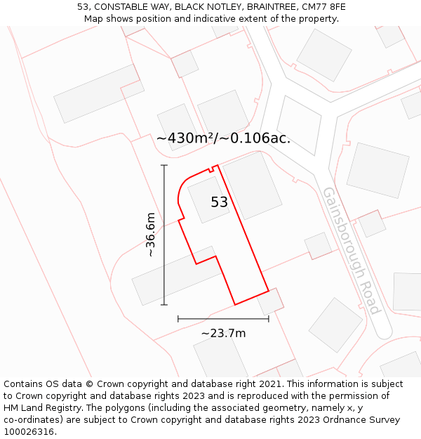 53, CONSTABLE WAY, BLACK NOTLEY, BRAINTREE, CM77 8FE: Plot and title map