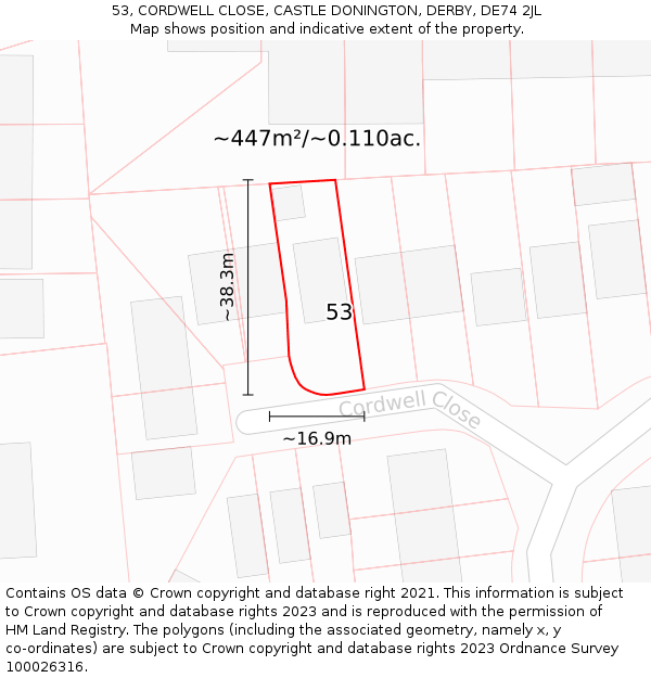 53, CORDWELL CLOSE, CASTLE DONINGTON, DERBY, DE74 2JL: Plot and title map
