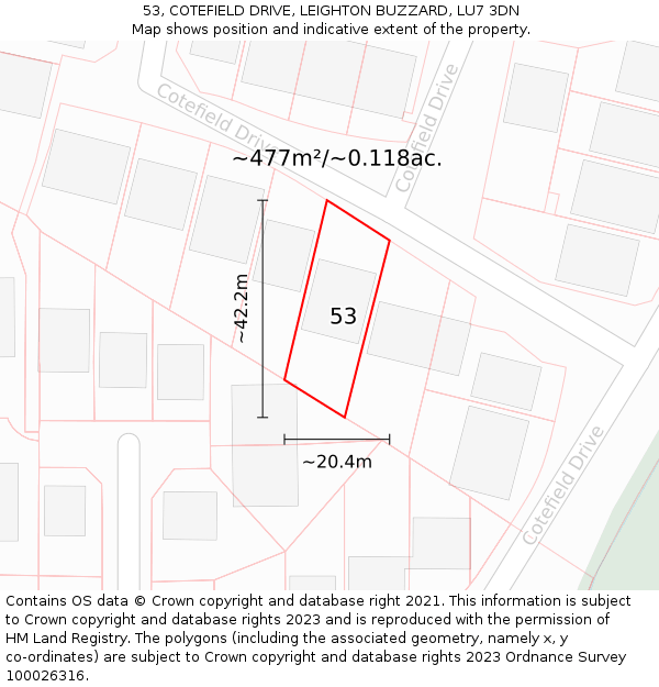 53, COTEFIELD DRIVE, LEIGHTON BUZZARD, LU7 3DN: Plot and title map