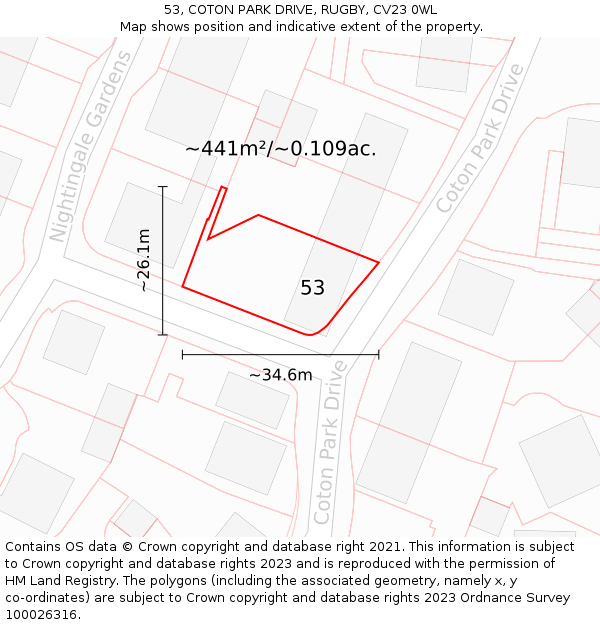 53, COTON PARK DRIVE, RUGBY, CV23 0WL: Plot and title map