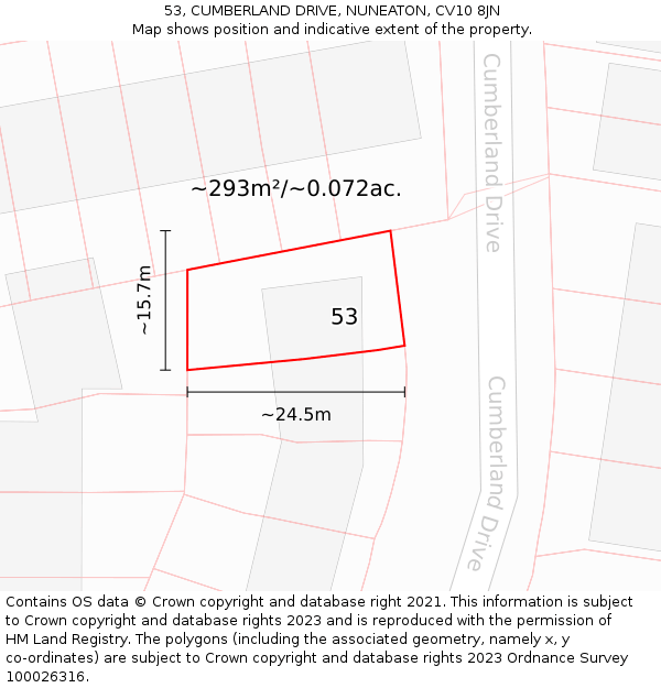 53, CUMBERLAND DRIVE, NUNEATON, CV10 8JN: Plot and title map