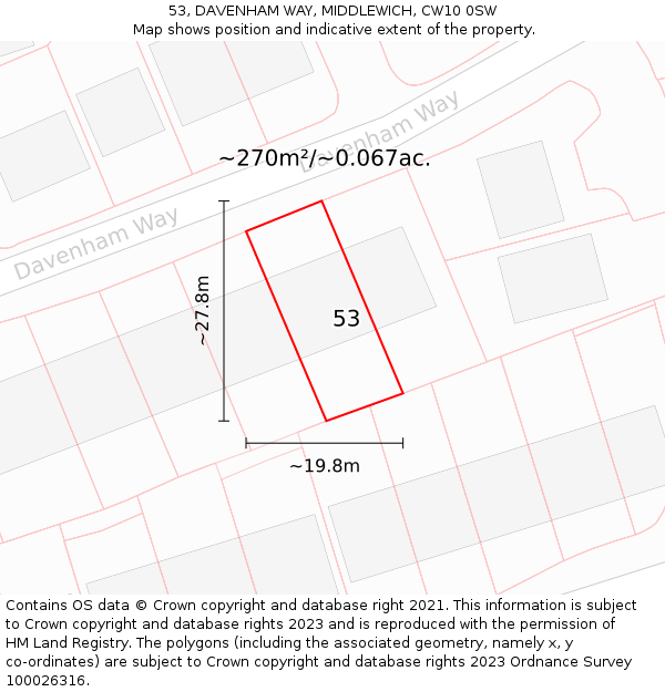 53, DAVENHAM WAY, MIDDLEWICH, CW10 0SW: Plot and title map