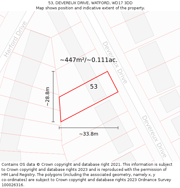 53, DEVEREUX DRIVE, WATFORD, WD17 3DD: Plot and title map