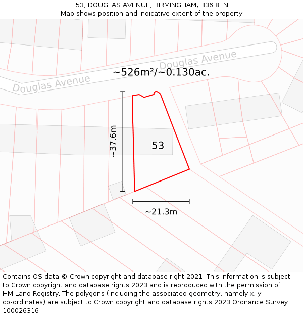 53, DOUGLAS AVENUE, BIRMINGHAM, B36 8EN: Plot and title map