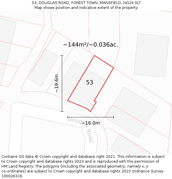 53, DOUGLAS ROAD, FOREST TOWN, MANSFIELD, NG19 0LT: Plot and title map